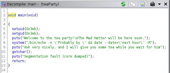 Code source du programme teaParty dé-compilé par Ghidra dans le défi CTF de capture du drapeau Wonderland de TryHackMe