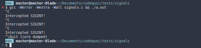 Résultat d’un programme de test en C qui démontre comment intercepter un signal et changer son action par défaut.