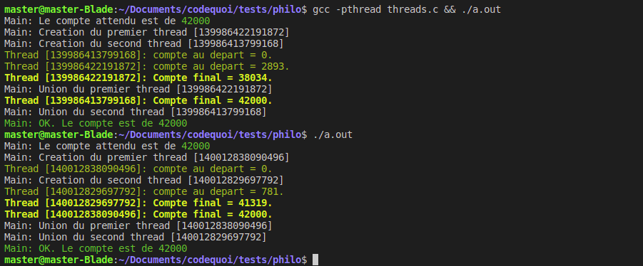 Résultat d’un programme test en C, qui démontre l’utilité des mutex pour protéger la mémoire partagée.